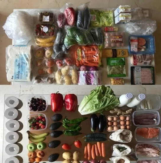 Comparativa visual de la misma compra semanal: arriba envuelta en plásticos de un solo uso, abajo organizada en envases reutilizables, ilustrando la diferencia entre el consumo convencional y el residuo cero