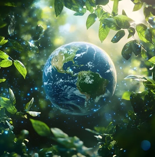 Globo terráqueo flotando entre hojas verdes y luz natural, representando la importancia del residuo cero para la salud del planeta y los ecosistemas naturales