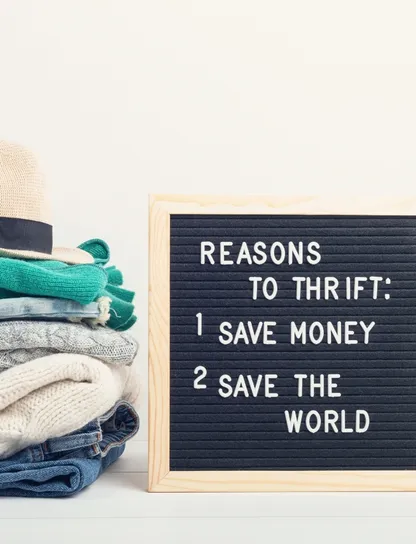 Pila de ropa doblada junto a un cartel con el mensaje "Reasons to thrift: 1 Save money, 2 Save the world", ilustrando los beneficios de la economía circular respondidos en las FAQs