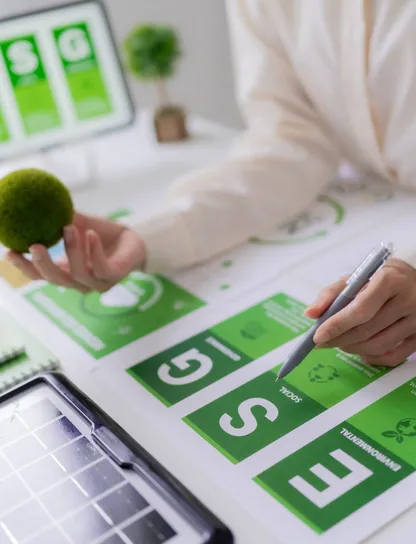 Profesional redactando un informe ESG rodeada de tarjetas verdes con las siglas ESG y una bola de musgo, representando la elaboración de memorias de sostenibilidad empresarial