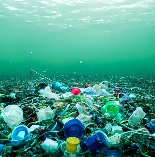 Fondo marino contaminado con botellas, vasos y residuos plásticos diversos flotando bajo el agua, ilustrando la necesidad del plogging acuático y la limpieza de ecosistemas submarinos