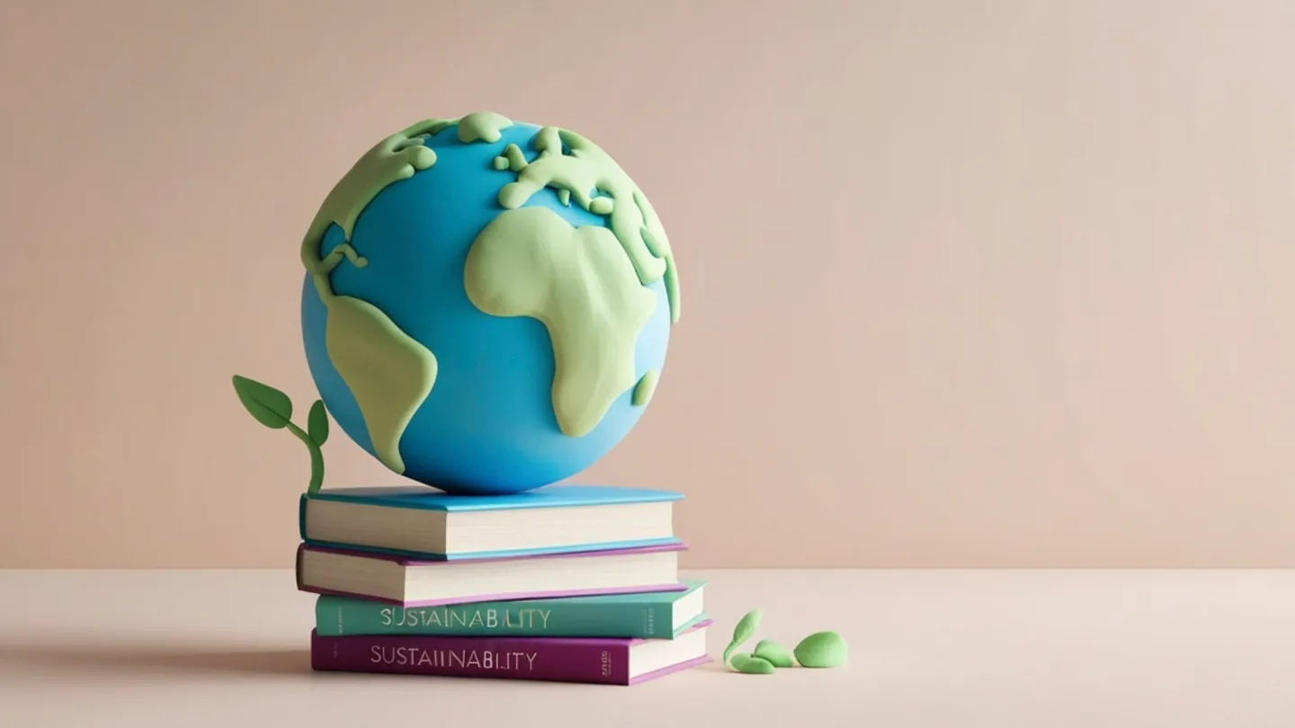 Globo terráqueo de plastilina sobre una pila de libros con la palabra Sustainability, representando la formación en sostenibilidad bonificada a través de FUNDAE para empresas