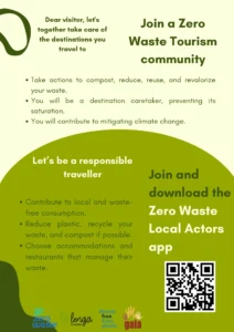 Cartell en anglès que convida els turistes a unir-se a una comunitat de turisme residu zero i descarregar l’app Go Zero Waste