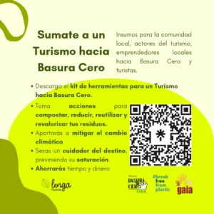 Cartell en castellà amb codi QR per descarregar el kit d’eines per a un turisme cap a Escombraries Zero a Xile