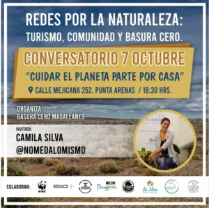 Cartell de la xerrada Redes por la Naturaleza sobre turisme, comunitat i Basura Cero a Punta Arenas, Xile